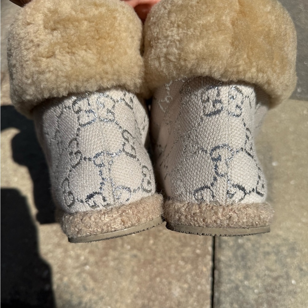 Gucci - Canvas Wool Shearling Lined GG Monogram Fria Horsebit Ankle Boots - Picture 7 of 7